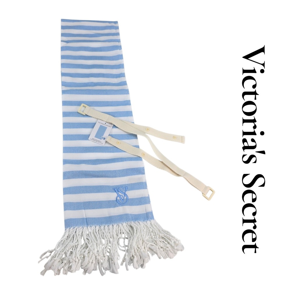 Victoria's Secret Beach Blanket OS Blue White Stripe Fringe Logo Strap Coastal